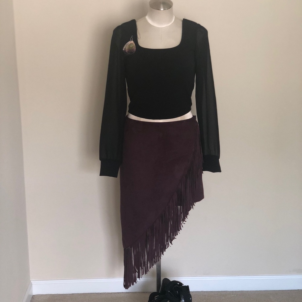 Fringe hemmed velour skort